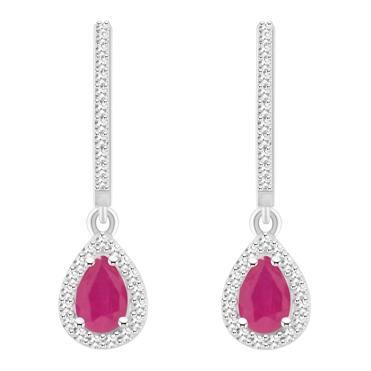 6x4mm Pear Shape Ruby 1/3 ctw Diamond Rhodium Over Sterling Silver Halo
Dangle Earrings