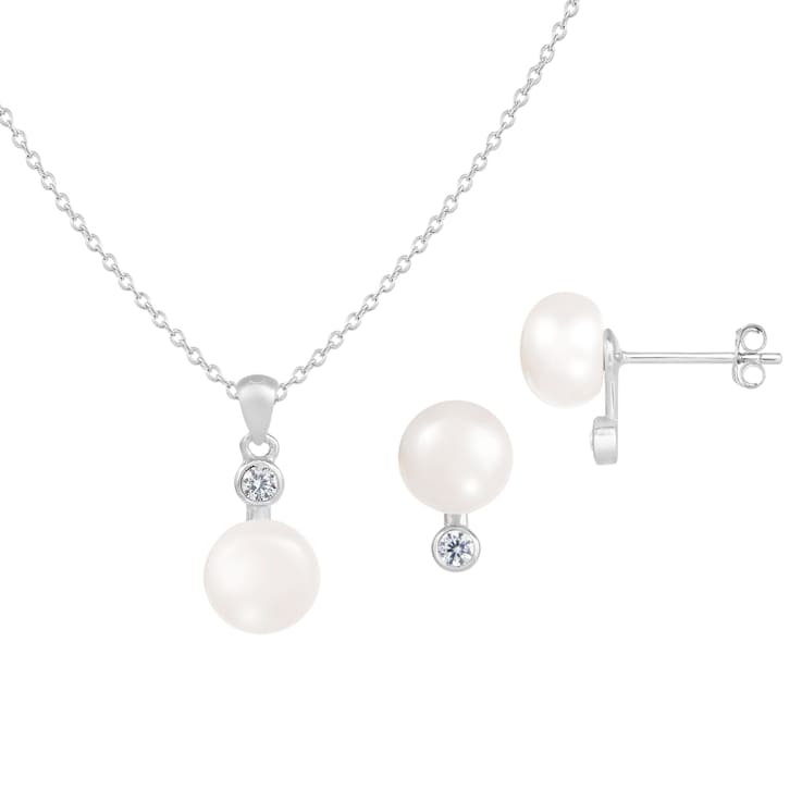 8-8½mm Button White Freshwater Pearl and CZ Rhodium Over Sterling
Earring and Pendant W/Chain Set
