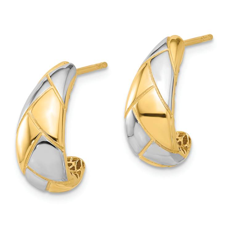 14k Yellow Gold and Rhodium Over 14k Yellow Gold 11/16" Polished
and Grooved J-Hoop Earrings