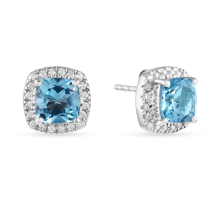 Swiss Blue Topaz with Moissanite  Rhodium Over Sterling Silver Halo Stud
Silver Earrings