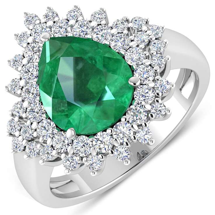 3.74ctw Green Emerald and Diamond 14K White Gold Halo Ring
