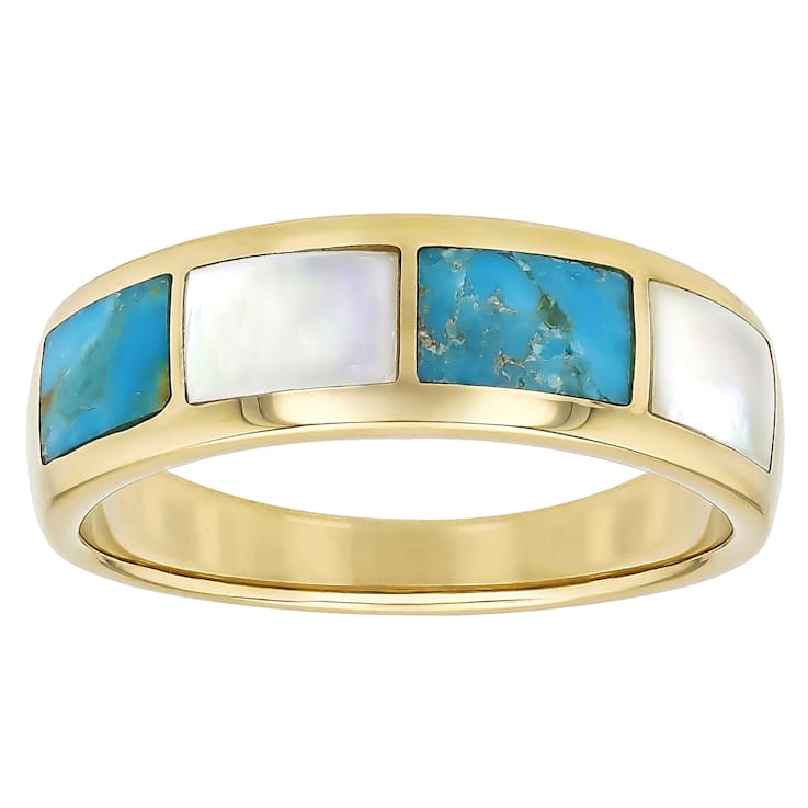 Turquoise And Mother-Of-Pearl Inlay Band Ring In 18K Gold Over Sterling Silver