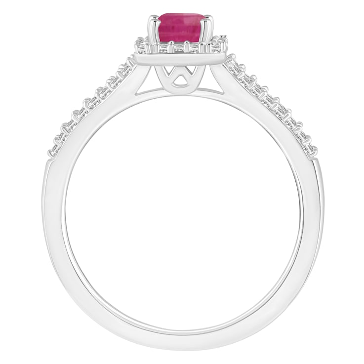 6x4mm Emerald Cut Ruby 1/4 ctw Diamond Rhodium Over Sterling Silver Halo Ring