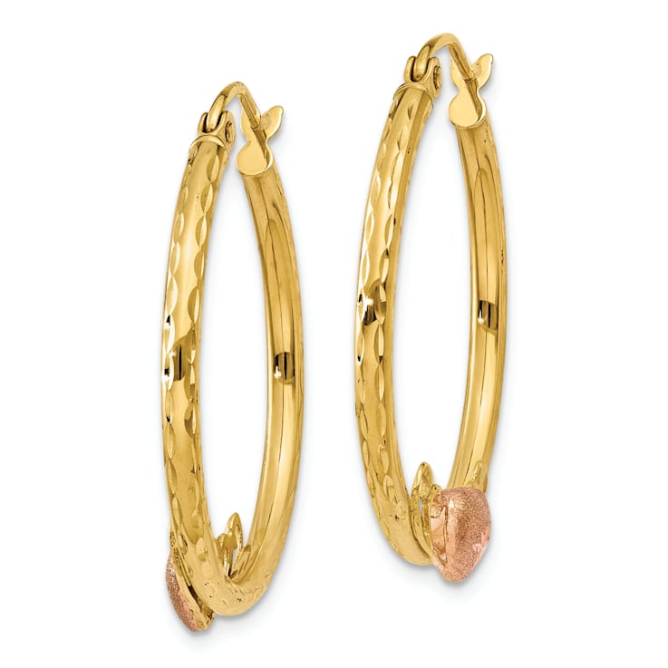 14k Yellow Gold and 14k Rose Gold 1" Heart Diamond-Cut Hoop Earrings