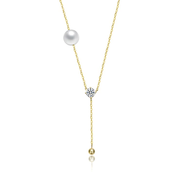 Pear Shape CZ And Mother Of Pearl Y-Necklace In 14K Gold Over Brass