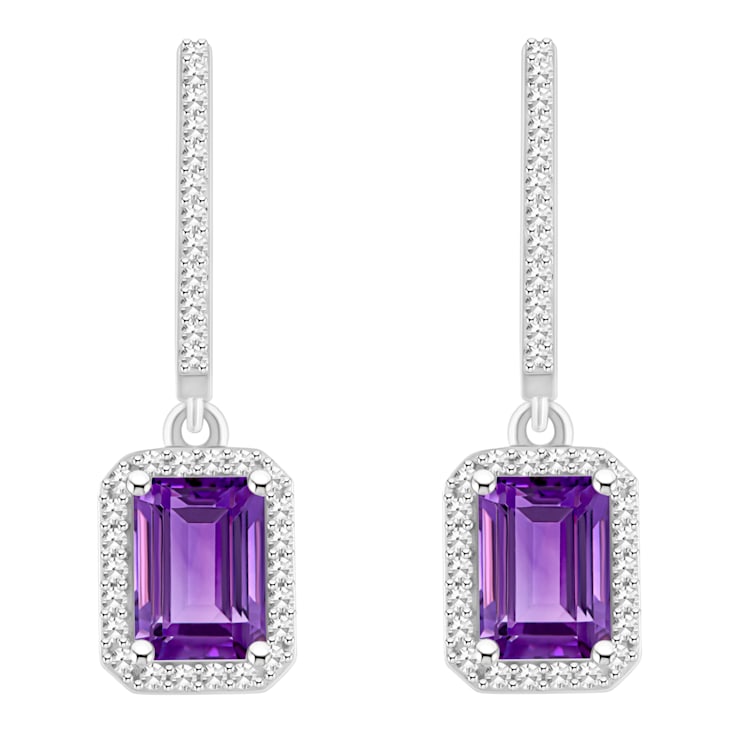 7x5mm Emerald Cut Amethyst 1/3 ctw Diamond Rhodium Over Sterling Silver
Halo Dangle Earrings