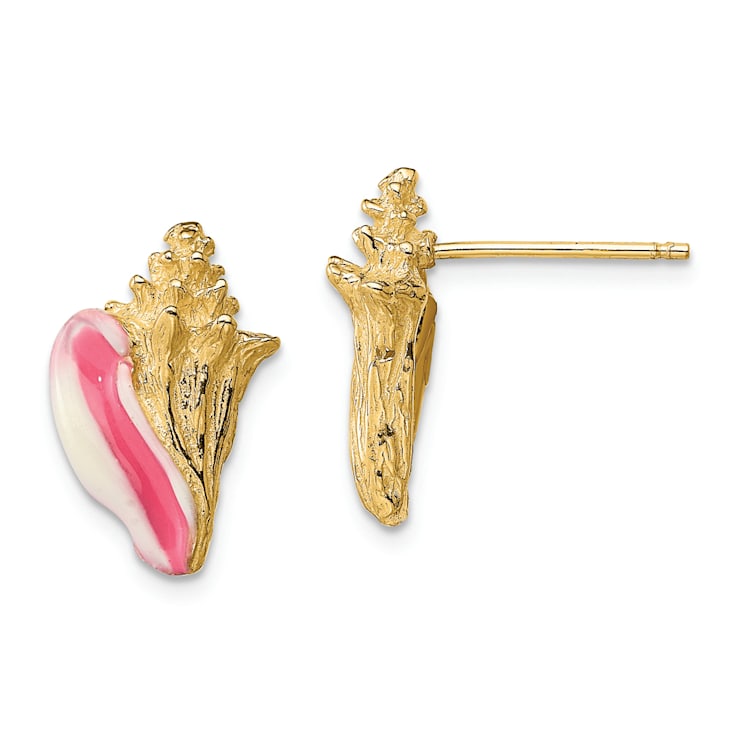 14k Yellow Gold Textured White and Pink Enamel Conch Shell Stud Earrings