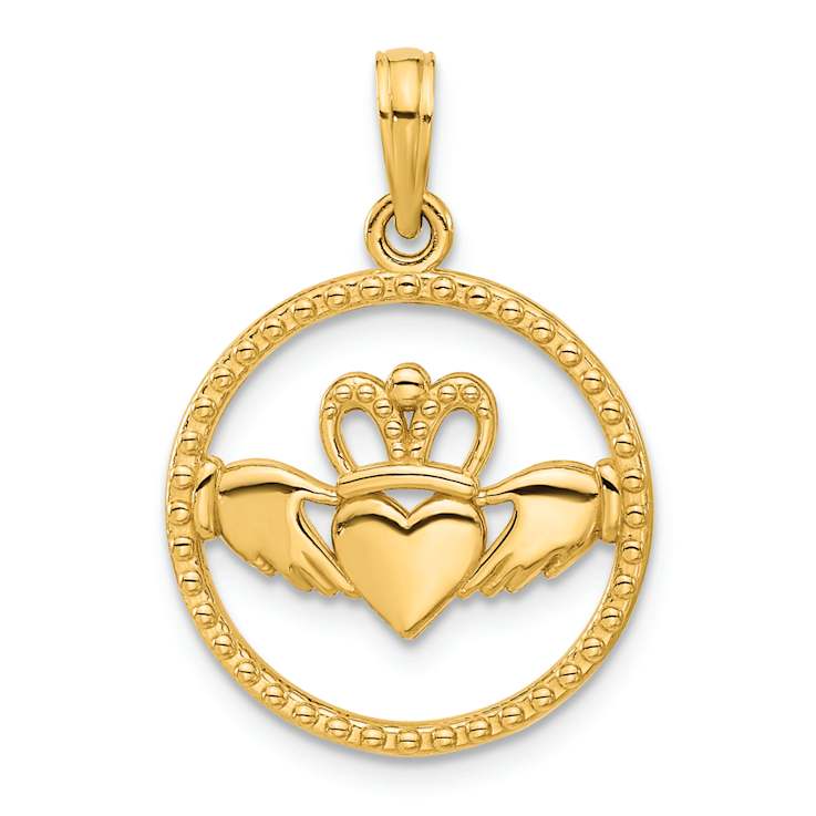14k Yellow Gold Polished and Textured Circle Claddagh Pendant