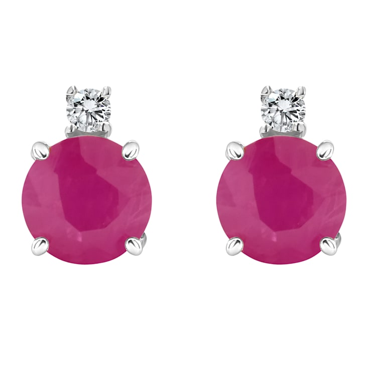 5mm Round Ruby with Diamond Accents 14k White Gold Stud Earrings