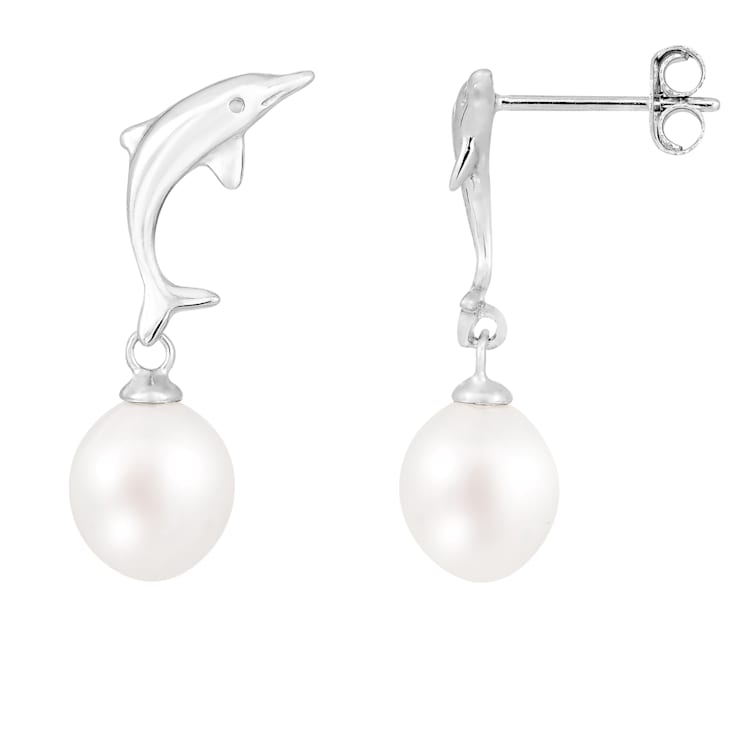 7-8mm white cultured freshwater pearl rhodium over sterling silver earrings