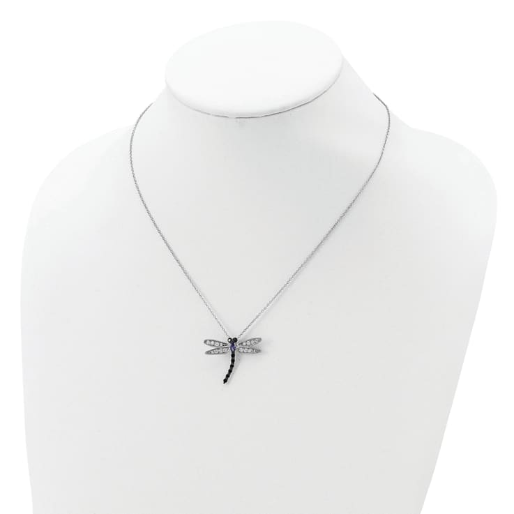Rhodium Over Sterling Silver White Black Blue Cubic Zirconia Dragonfly Necklace