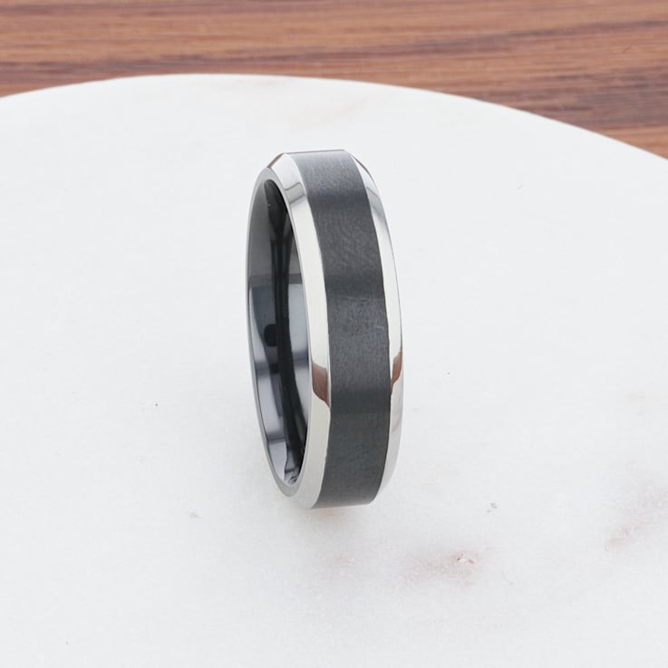 ATNOS Brushed Black Center Polished Beveled Edges Men’s Titanium Wedding
Ring 6mm