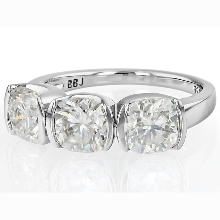 Cushion-Cut Moissanite Three-Stone Ring In Platinum-Enhanced Sterling Silver