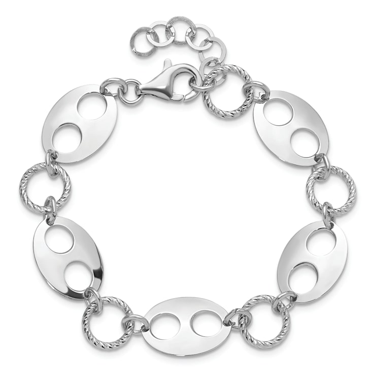 Rhodium Over Sterling Silver Diamond-cut Link  with 1-inch Extension Bracelet