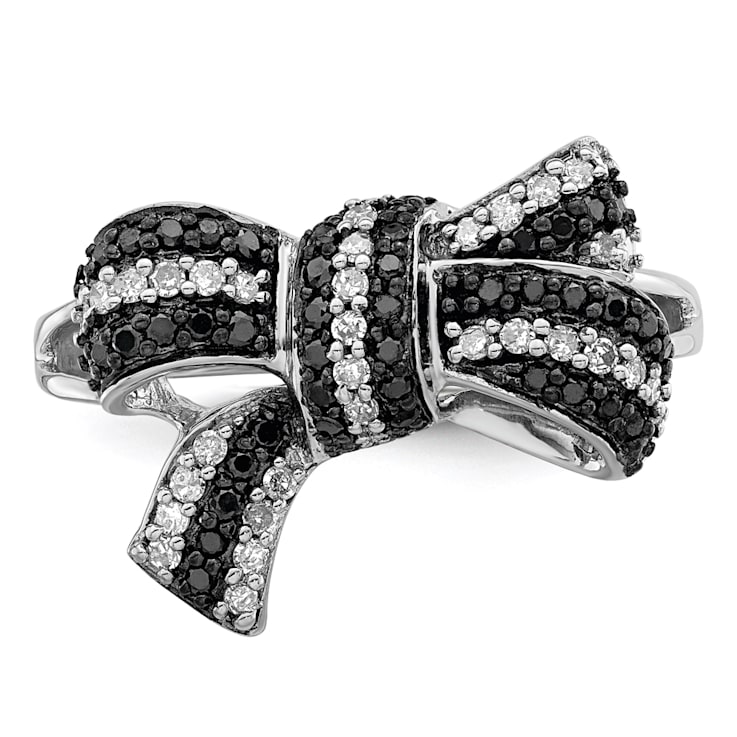 Rhodium Over Sterling Silver Black and White Diamond Bow Ring