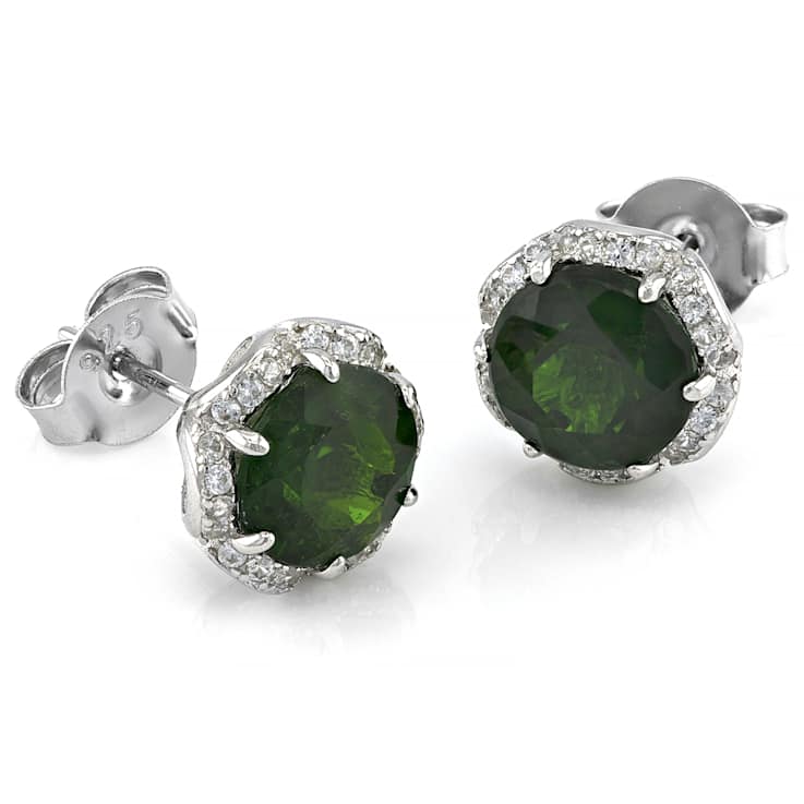 Chrome Diopside And Zircon Stud Earrings In Sterling Silver