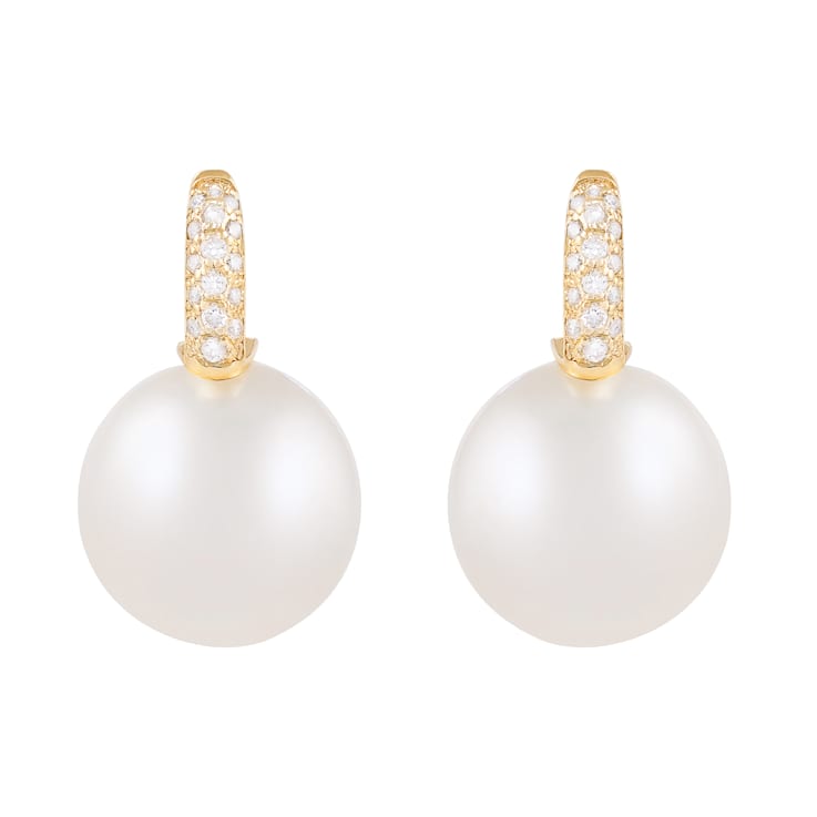 12-13mm White South Sea pearl earrings in 14k yellow gold with .17CT DTW
