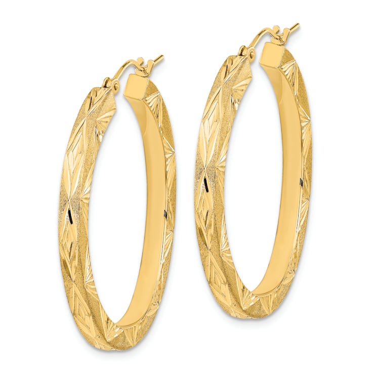 14K Yellow Gold Polished, Satin and Diamond-Cut 1 7/16" Hoop Earrings