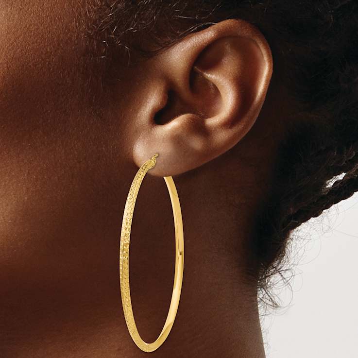 14k Yellow Gold 2 3/16" Knife Edge Diamond-Cut Hoop Earrings