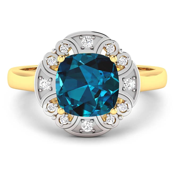 London Blue Topaz and White Diamond 14K Yellow Gold Halo Ring 2.24 ctw