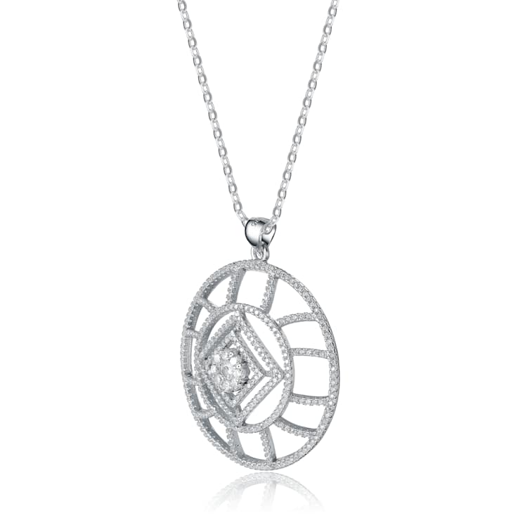 Geometric CZ Halo Pendant Necklace In White Rhodium Over Brass
