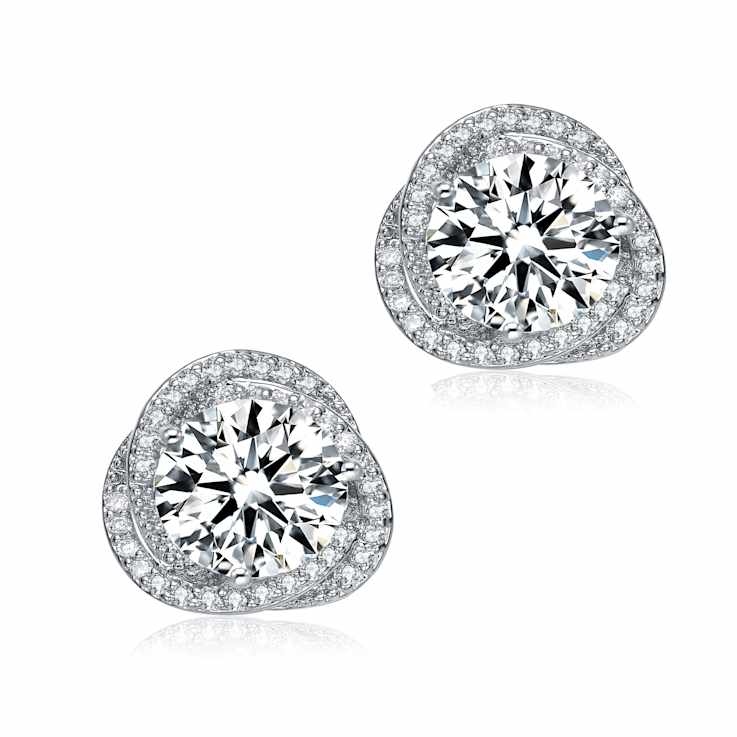 CZ Swirl Halo Stud Earrings In Sterling Silver