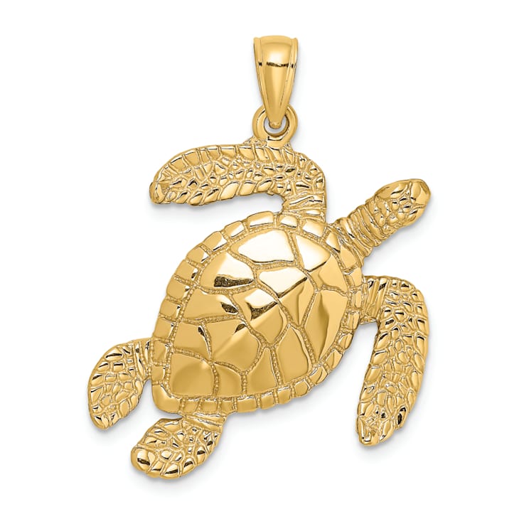 14k Yellow Gold Large Textured Swimming Sea Turtle Charm