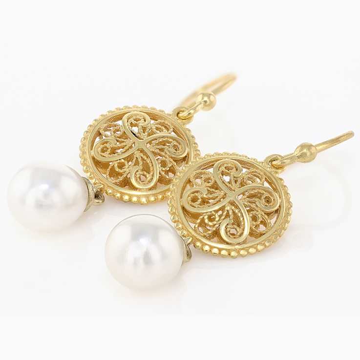 Cultured Freshwater Pearl Lace Earrings In 18K Gold Over Sterling Silver 8-9mm