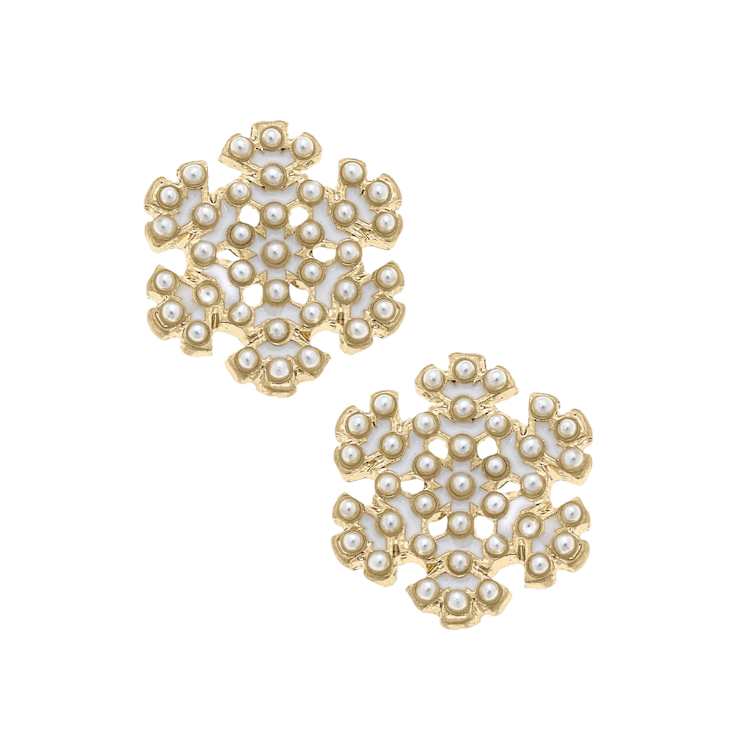 Pearl Simulant Studded Snowflake Gold Tone Enamel Stud Earrings