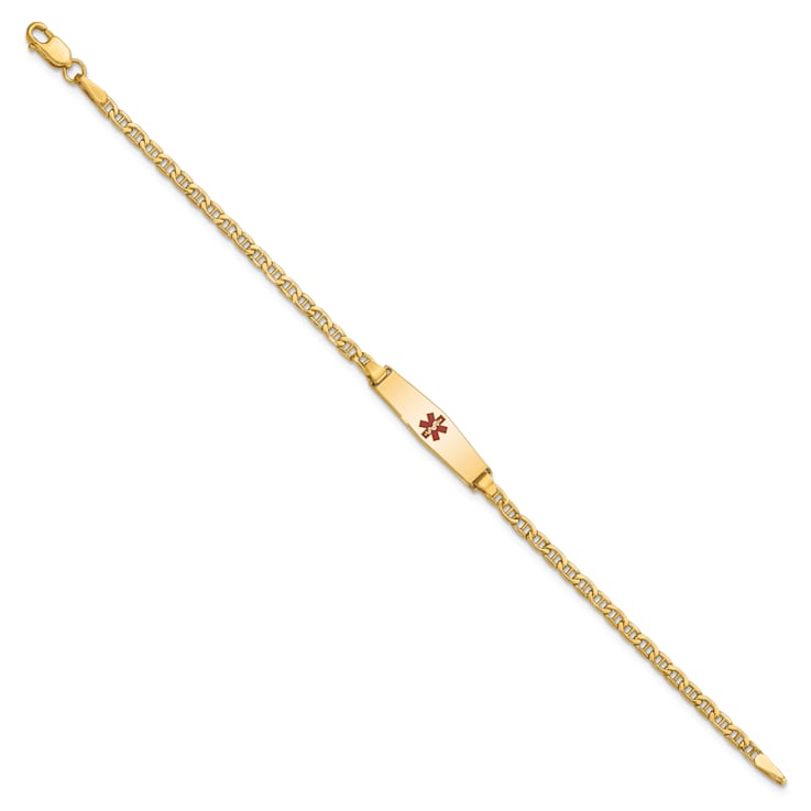 14k Yellow Gold Medical Soft Diamond Shape Red Enamel Mariner Link ID Bracelet
