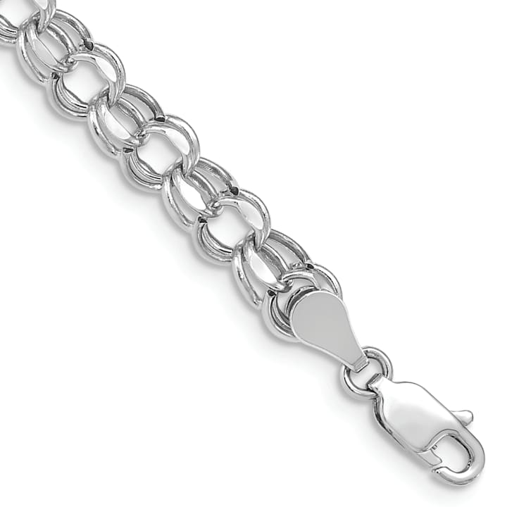 Rhodium Over 14k White Gold 5.5mm Diamond-Cut Double Link Charm Bracelet