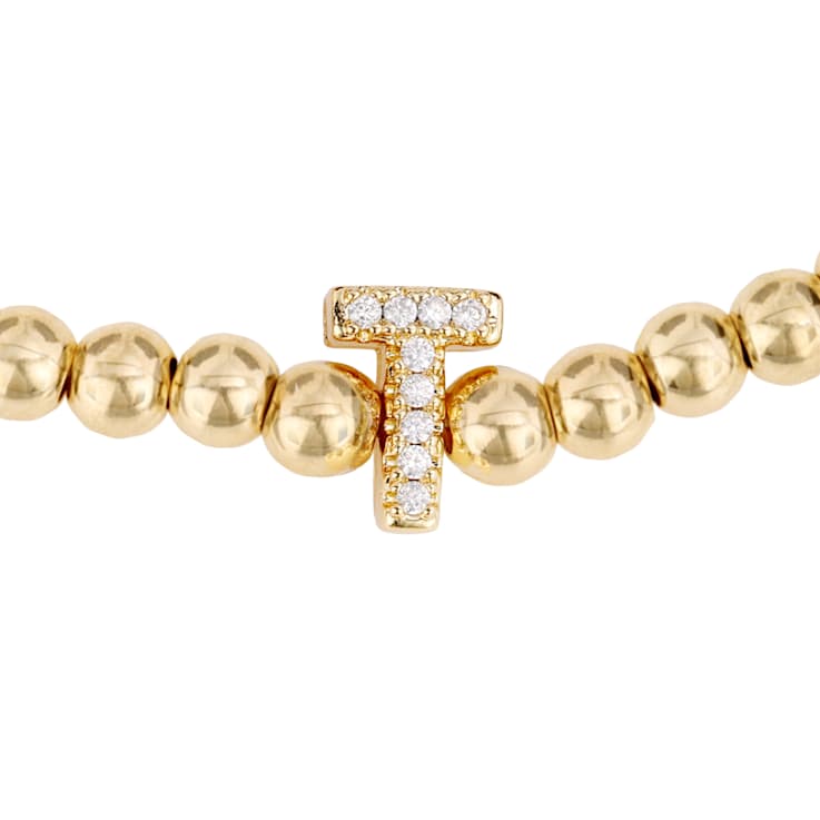 Initial T CZ Beaded Bracelet Set In 14K Gold Over Brass 0.09ctw