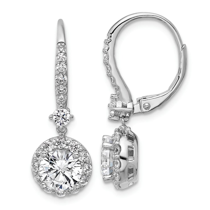 Rhodium Over Sterling Silver Round Cubic Zirconia Halo Dangle Leverback Earrings