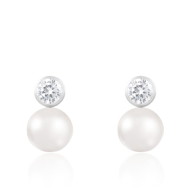 7.5-8mm White Cultured Freshwater Pearl Rhodium Over Sterling Silver Earrings