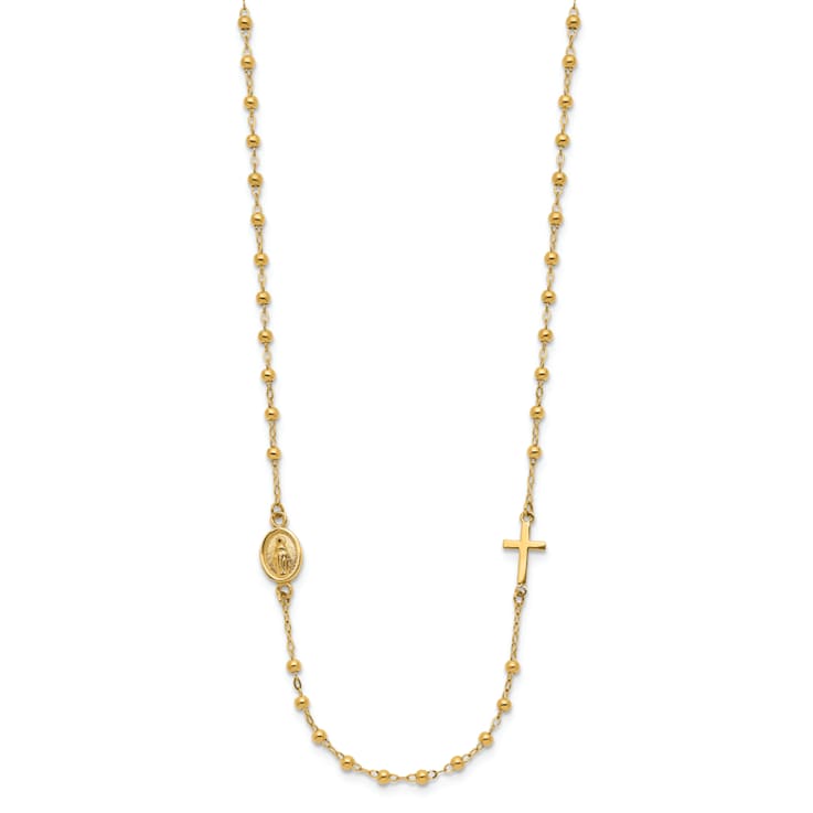 14K Yellow Gold Polished Miraculous Medal and Cross Rosary Design Necklace