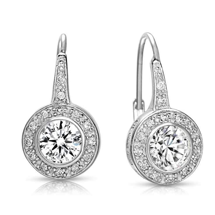 CZ Bezel Halo Drop Earrings In White Rhodium Over Brass
