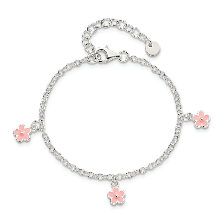 Sterling Silver Pink Enamel Flowers with 1.5-inch Extension Children's Bracelet