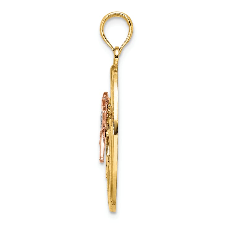 14k Tri-color Gold Hummingbird and Flowers In Oval Frame Charm