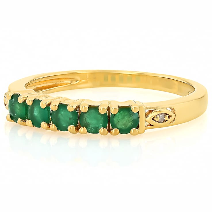 Zambian Emerald And White Diamond Ring In 18K Gold Over Sterling Silver 0.44ctw