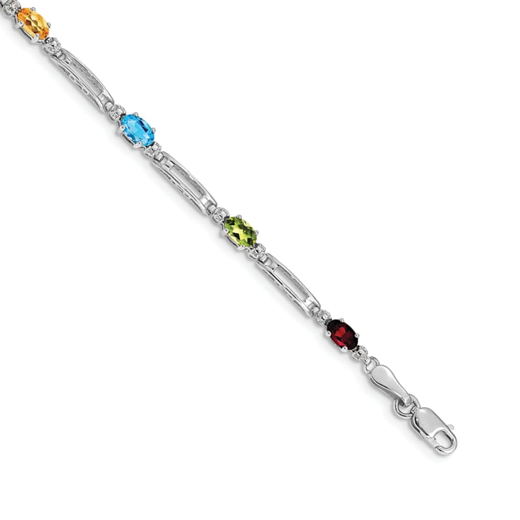 Rhodium Over 14k White Gold Multi-gemstone and Diamond Rainbow Bracelet
