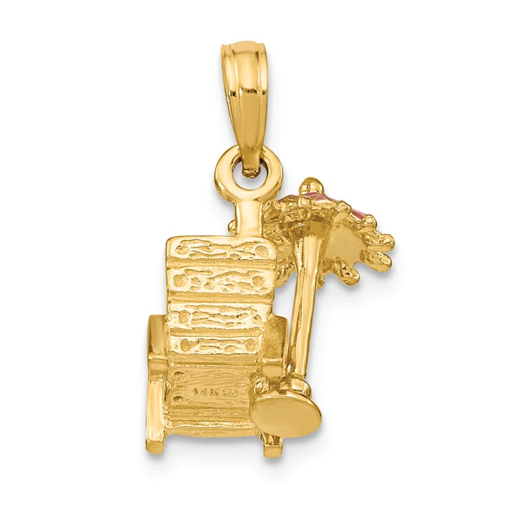 14k Yellow Gold 3D Pink Enamel Beach Chair and Umbrella Pendant