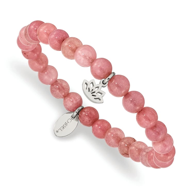 Stainless Steel Lotus Charm Pink Jade Stretch Bracelet Stainless Steel Lotus Charm Pink Jade Stretch Bracelet