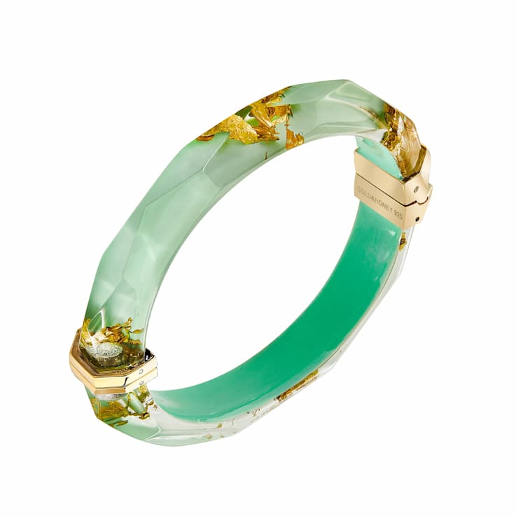14K Yellow Gold Over Sterling Silver Thin Faceted Acrylic Bangle
Bracelet in Mint Green