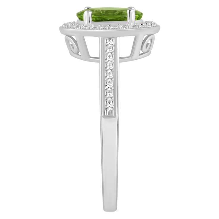 8x6mm Oval Peridot 1/5 ctw Diamond Rhodium Over Sterling Silver Halo Ring