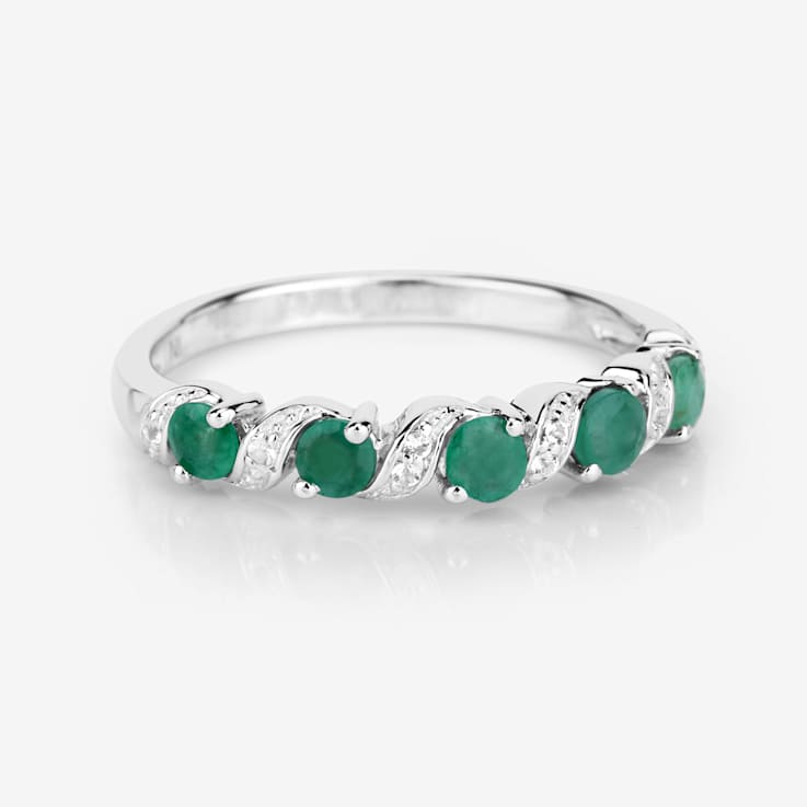 Green Emerald and White Topaz Sterling Silver 5 Stone Band Ring