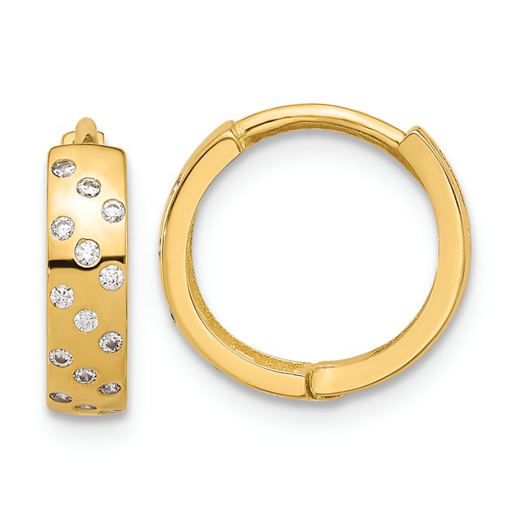 14k Yellow Gold 1/2" Polished Cubic Zirconia Hinged Hoop Earrings