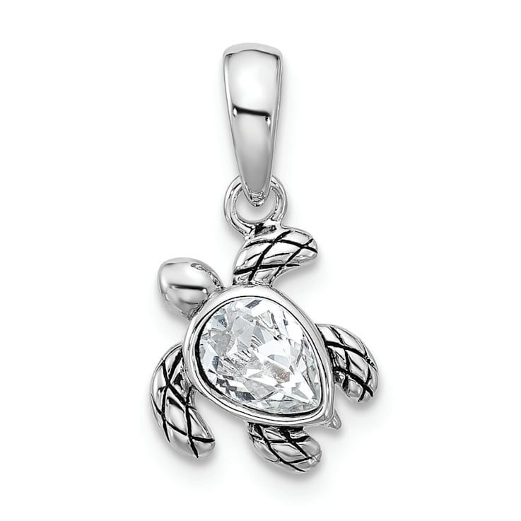 Rhodium Over Sterling Silver Antiqued Crystal Apr Birthstone Turtle Pendant