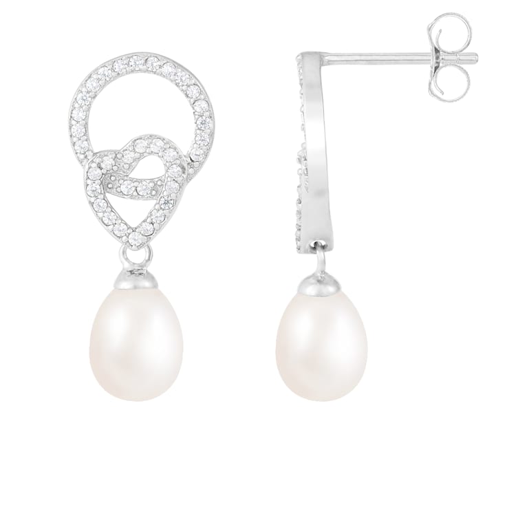 8-8.5mm White Cultured Freshwater Pearl and Cubic Zirconia Rhodium Over
Sterling Silver Earrings