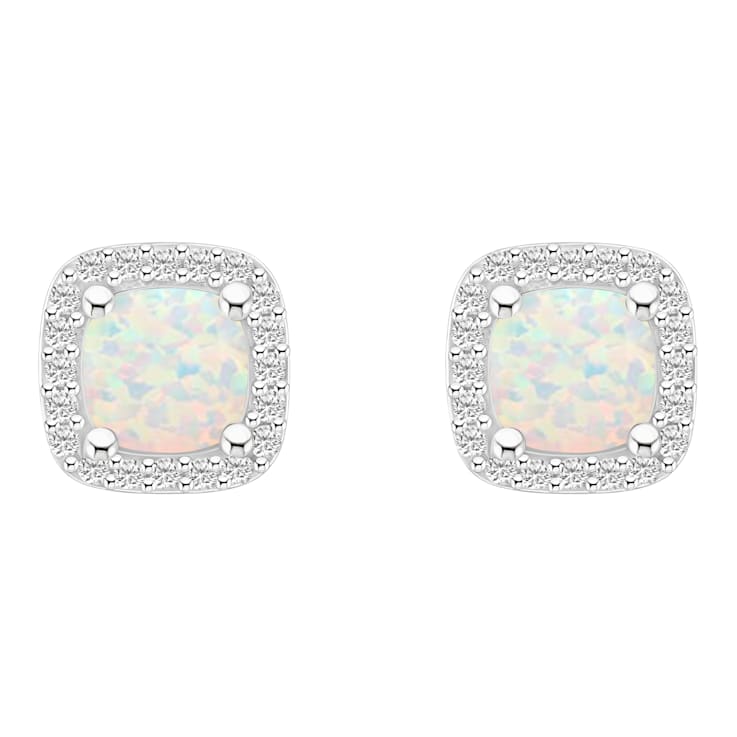 5mm Cushion Created Opal And Created White Sapphire 10k White Gold Halo
Stud Earrings