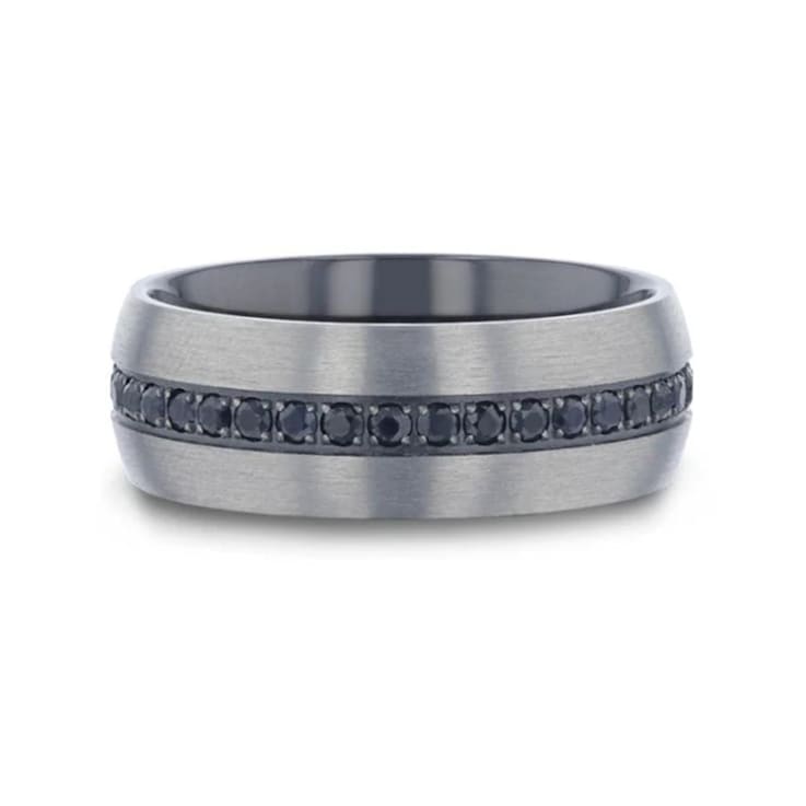 AVIATOR Domed Brushed Titanium Men's Wedding Band with Black Sapphire
Stones Inlay 8mm